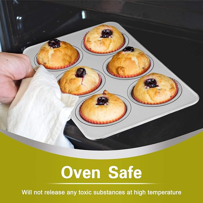 P&P CHEF Muffin Pan Cupcake Baking Pan Set, Stainless Steel Muffin Tin Tray for Mini Cake Tart Quiche, Oven & Dishwasher Safe, Non-toxic & Heavy-duty, (6 Cup, 1Pc)