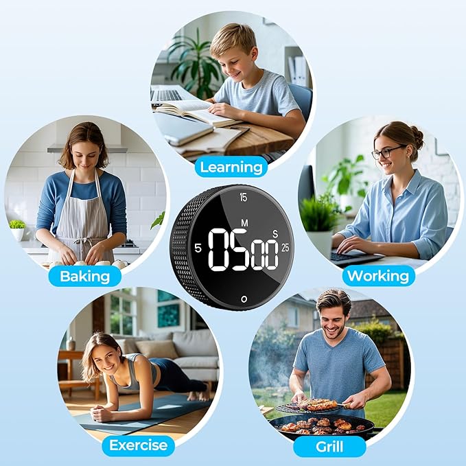 USB Rechargeable Magnetic Kitchen Timer for Cooking, Building 800mAh Battery Large Display Digital Countdown Countup Timer, 3 Preset 5/15/25 Mins Loud Alarm for Baking Grilling Studying
