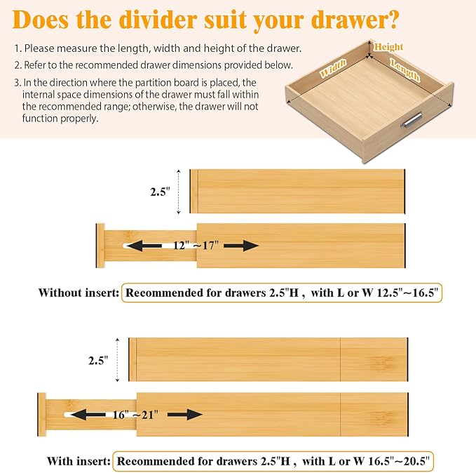 Bamboo Drawer Dividers,12-21" Adjustable Drawer Organizers for Clothes,Expandable Dresser Separators in Kitchen/Bedroom/Bathroom/Vanity/Office Organization and Storage,8-Pack