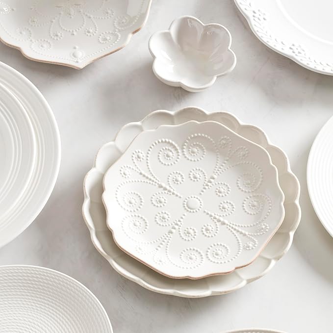 Lenox Dinnerware Set, French Perle Scallop 4-Piece Place Setting, Service For 1, Dinnerware Set, Stoneware, Includes Plates, Bowl, and Mug, Dishwasher And Microwave Safe, Dish Set (White, 4 Piece)