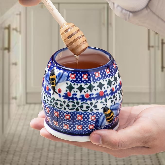 ZOOBEE Small Ceramic Honey Jar with Dipper and Lid, Handpainted 10oz Honey Pot, Microwave-safe Honey Container for Kitchen, Picnic, Travel -Starry Petals