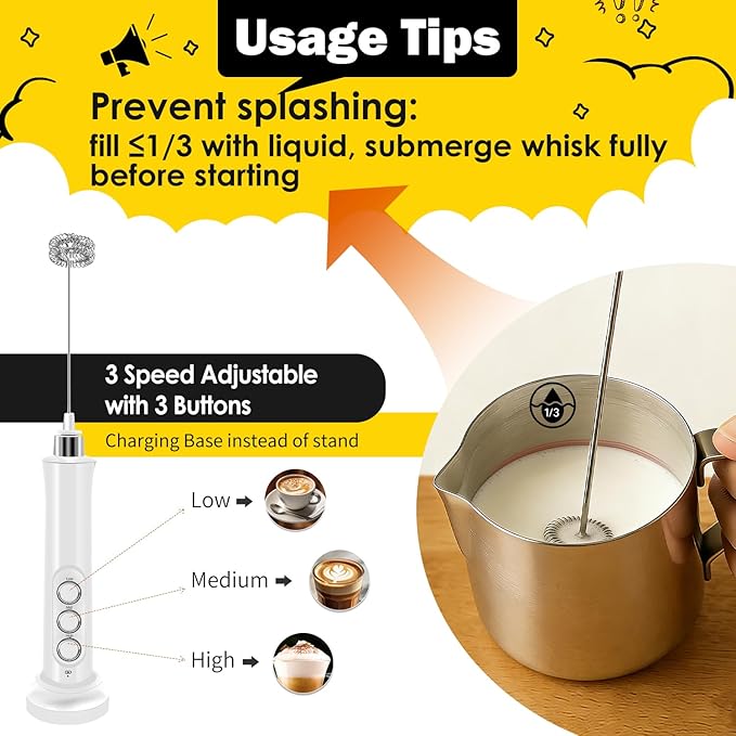 Rechargeable Milk Frother Handheld with 3 Detachable Stainless Steel Whisks, 3 Speed Adjustable Electric Whisk Foam Maker, Handheld Drink Mixer, Frother Wand for Coffee, with Storage and Charging Base