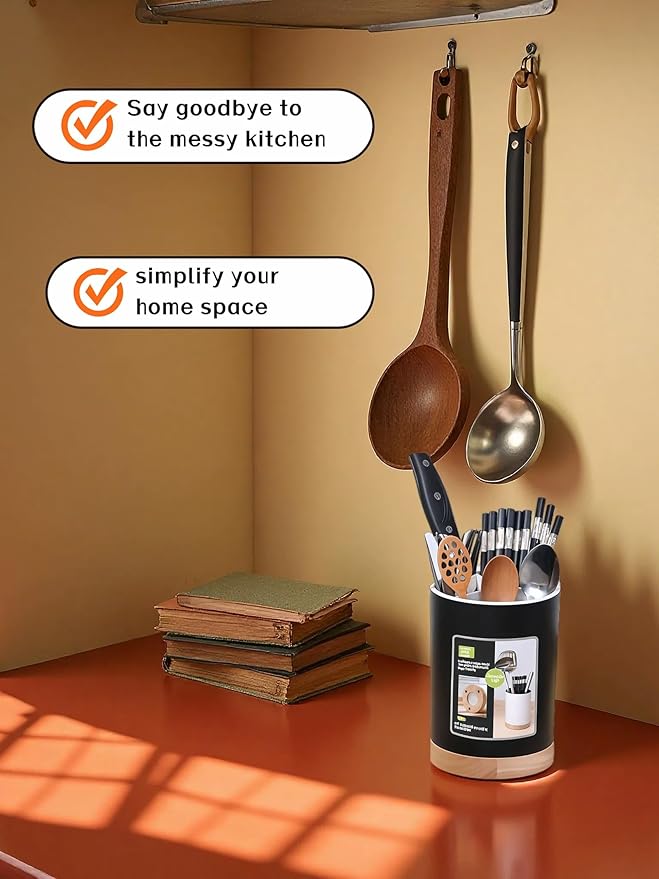 BUBBLE-FLY Modern Kitchen Utensil Holder with Drainage, Black and Wood Base, 3 Compartment Divided Organizer for Spoons Forks Knives, Countertop Caddy for Cooking Tools and Cutlery Storage- Non-Slip