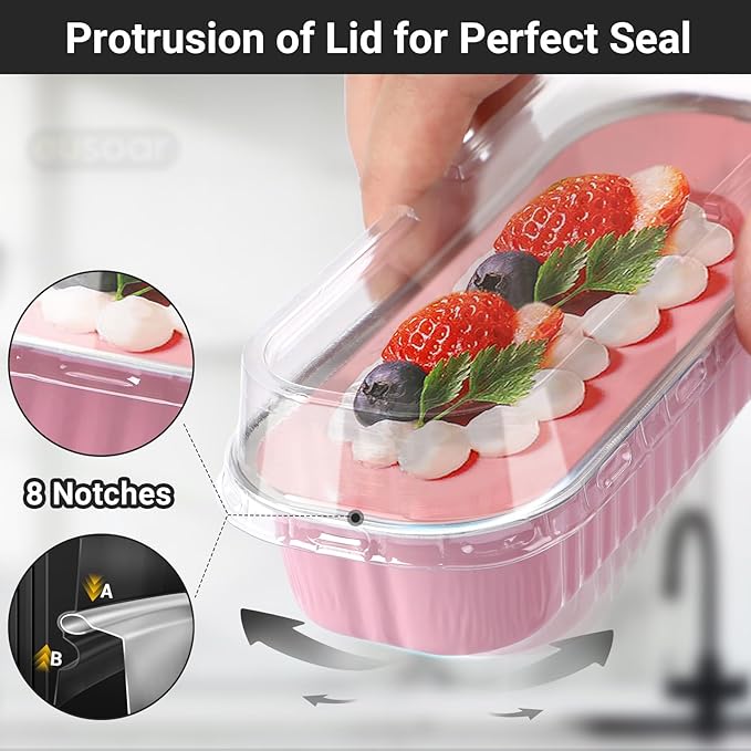 EUSOAR Dessert Cups with Lids, 100pcs 6.8oz 6.5"x2.5"x1.2" Pink Aluminum Foil Baking Cups Mini Loaf Pan Tin, Disposable Ramekins Containers Cheesecake Creme Brulee for Party Shower Wedding Gathering