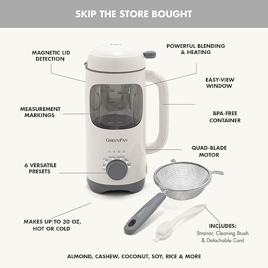 GreenPan Nut Milk Maker, 15-in-1 Homemade Soy, Almond, Oat, Coconut, Non-Dairy, Rice, Soup, Baby Food, BPA-Free, Smooth Creamy Texture, Self Clean, Barista Quality Milk, Delay Start, Boil Water, Cream