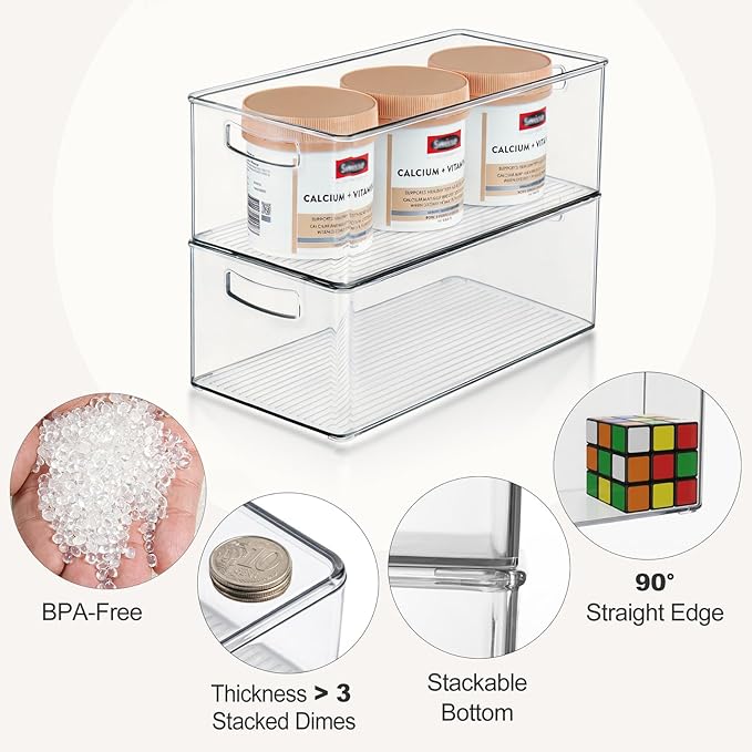 Hudgan 8 Pack Pantry Organizer and Storage, 2 Extra Large Stackable Freezer Organizer Bin, 3 Large Clear Storage Bin and 3 Medium Plastic Container for Home Edit, Kitchen Cabinet, Bathroom Shelf