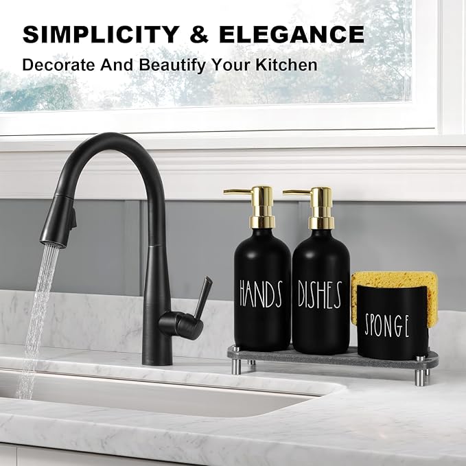 Kitchen Soap Dispenser Set, 16.9 fl oz Hand and Dish Soap Dispensers with Tray, Black and Gold Kitchen Soap Dispenser Set with Sponge Holder, Instant Dry Tray, Gold&Black