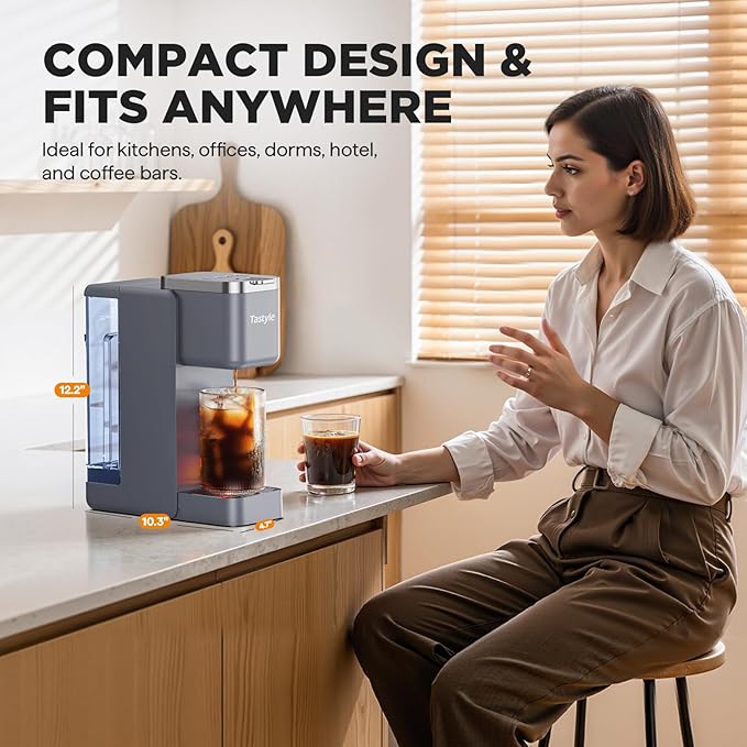 Tastyle Single Serve Coffee Maker, Iced and Hot Coffee Machine for K Cup & Grounds, Compact Design, 40oz Removable Water Reservoir, 6 to 24 Oz Brew Sizes, Fits 7.3" Travel Mug, Gray