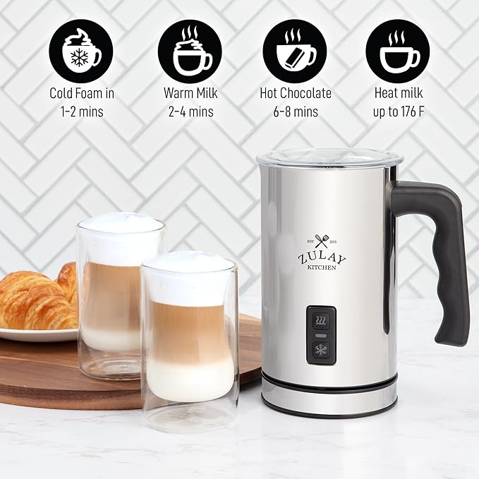 Zulay 4-in-1 Milk Frother & Steamer – Hot & Cold Foam Maker, Milk Warmer & Chocolate Stir – Automatic Temp Control, Nonstick Double-Wall Stainless Steel Jug, Auto Shut Off, 360° Base – Aero Silver