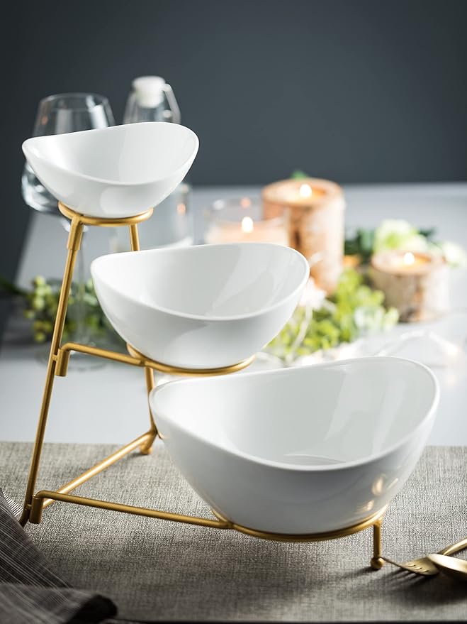 Miamolo 3 Tier Serving Bowls with Stand, Chips and Dip Serving Dishes Set for Entertaining Party, Ceramic Fruit Bowl for Salad Soup Snacks, Microwave & Dishwasher Safe