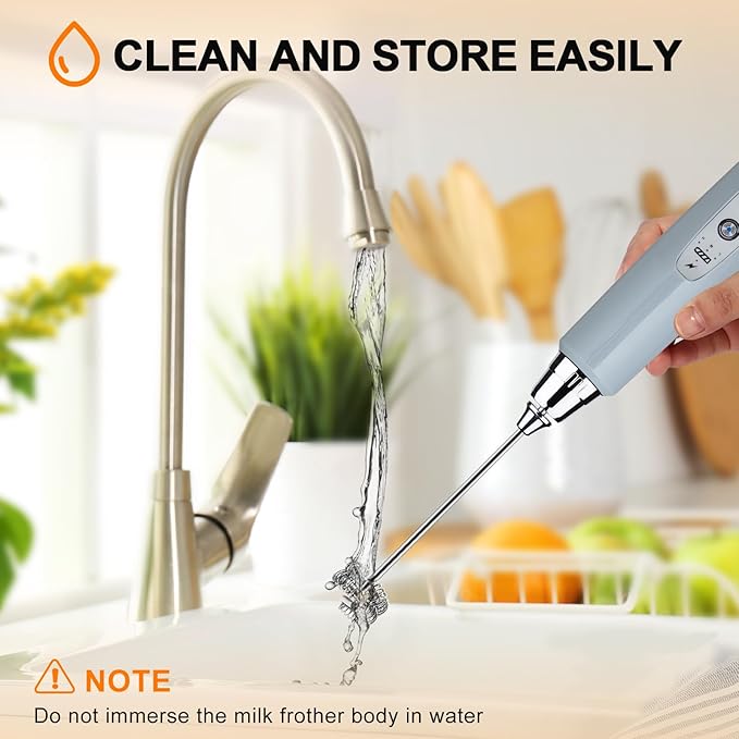 YUSWKO Handheld Milk Frother for Coffee, Rechargeable Drink Mixer with 3 Heads 3 Speeds Electric Whisk Coffee Frother For Latte, Cappuccino, Hot Chocolate, Egg - Cement Gray