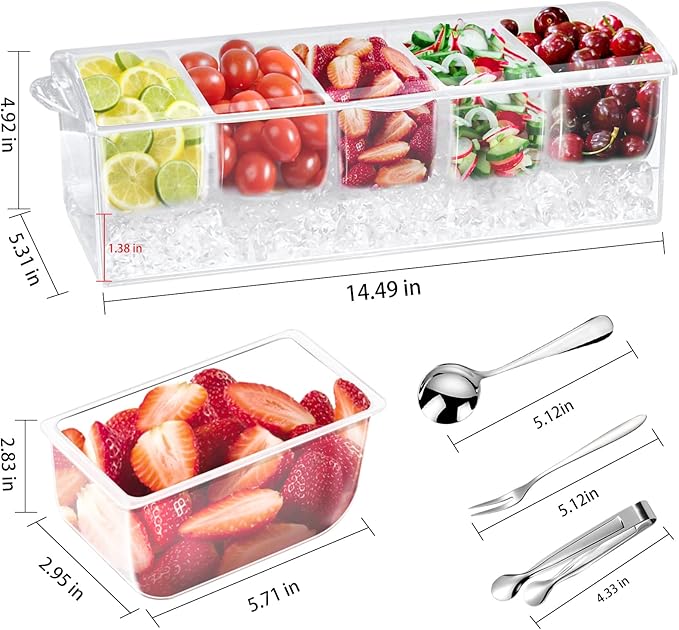 Condiment Tray with Stainless Steel 5 Spoons, 5 Forks and 1 Clip, Chilled Condiment Server, Condiment Server, Bar Garnish Holder on Ice, Bar Accessories Fruit and Salad with Removable Trays and Lid