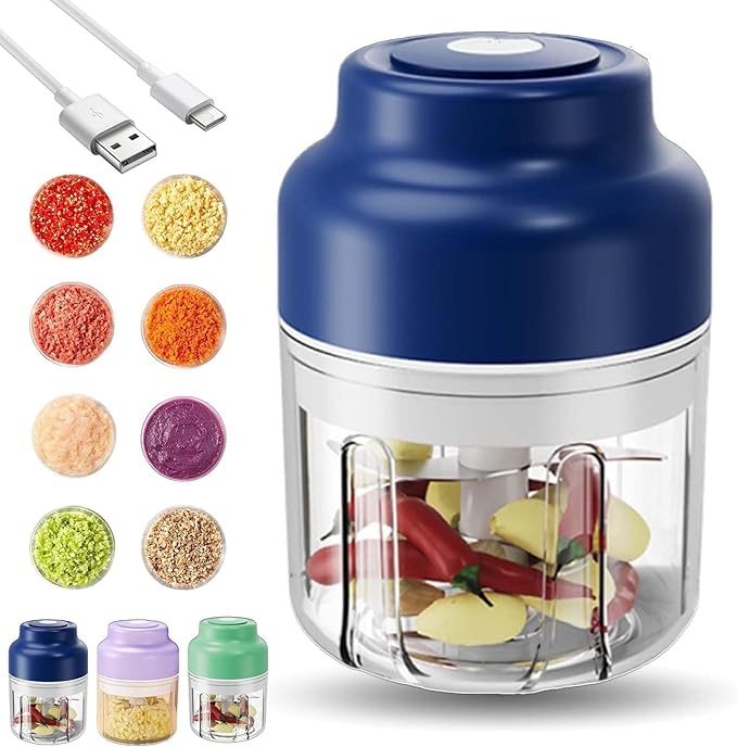 Electric Garlic Chopper, Mini Portable Veggie Cutter with 4/6 Stainless Steel Blades, Portable Wireless Rechargeable Mini Electric Garlic Food Chopper for Garlic, Onion, Chili, Nuts (Blue,250ML)