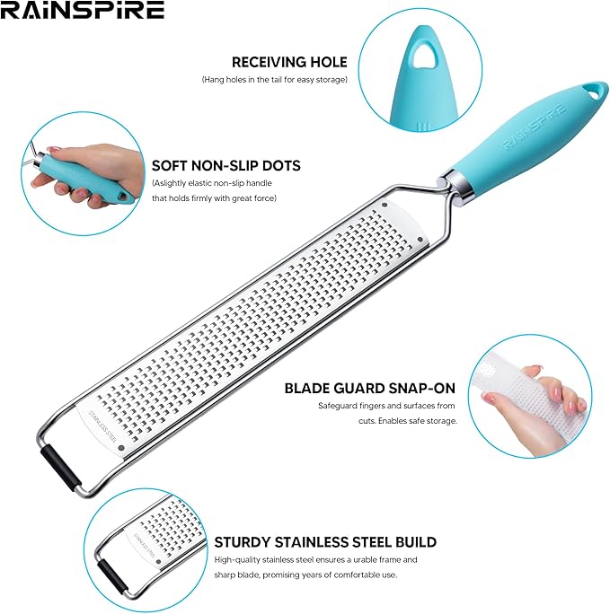 Rainspire Zester Grater with Handle, Lemon Zester Cheese Grater for Kitchen Stainless Steel, Parmesan Cheese Garlic Nutmeg Chocolate Fruits Vegetables Ginger Grater, Fine, Blue