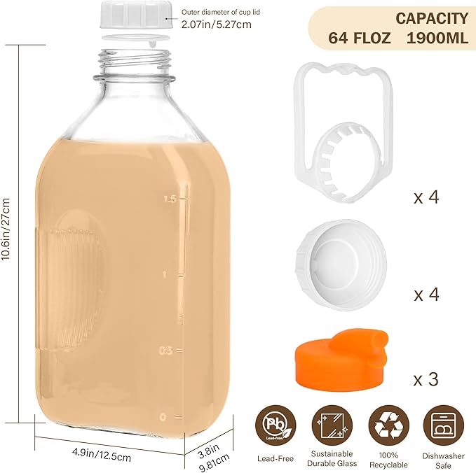 KMIGRUAN Half Gallon Heavy Duty Glass Milk Bottle with Handle and Airtight Reusable Lids,4 Pack Clear Glass Milk Container for Refrigerator,Glass Milk Jar with Handle and Spout