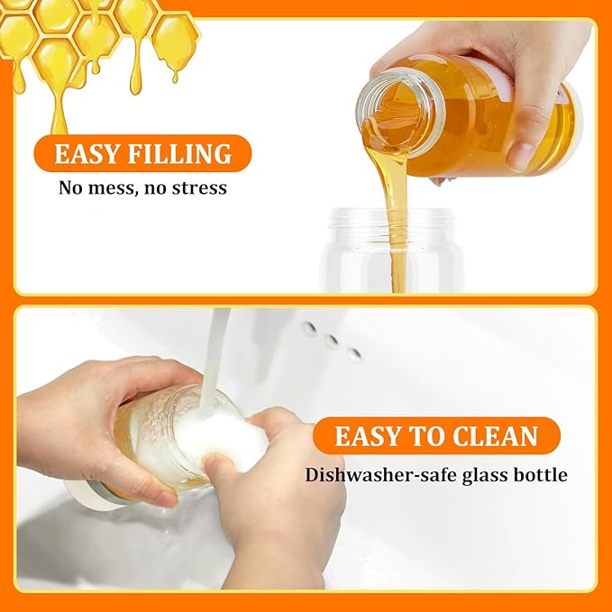 Aelga Honey Dispenser, Honey Dispenser No Drip 12 oz Glass Honey Jar with Handle, Easy Pour Syrup Dispenser for Coffee Bar, Tea & Kitchen Accessories (White)