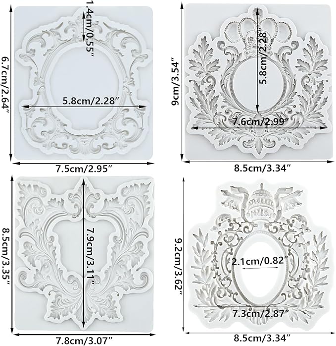 Baroque Frame Fondant Silicone Molds For Cake Decoration Cupcake Topper Candy Polymer Clay Chocolate Gum Paste Set of 4