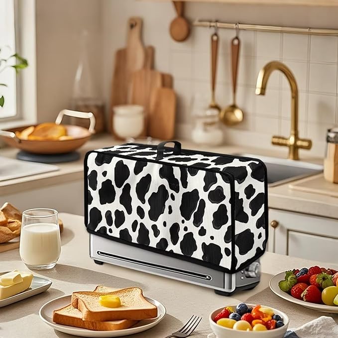 Cow Style Spot Toaster Cover 2 Slice Slim Toaster Cover 2 Slice Long Slot Dust Covers for Kitchen Appliances, Heat-resistant Small Appliance Covers (Black White)
