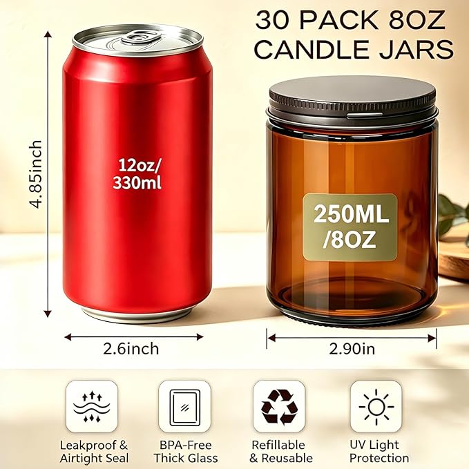 QAPPDA 8oz Amber Candle Jars Set of 30,Round Glass Jars with Black Lids,Empty 250ml Glass Candle Making Jar Bulk Thick Small Food Storage Jar for Spice,Candy,Powder