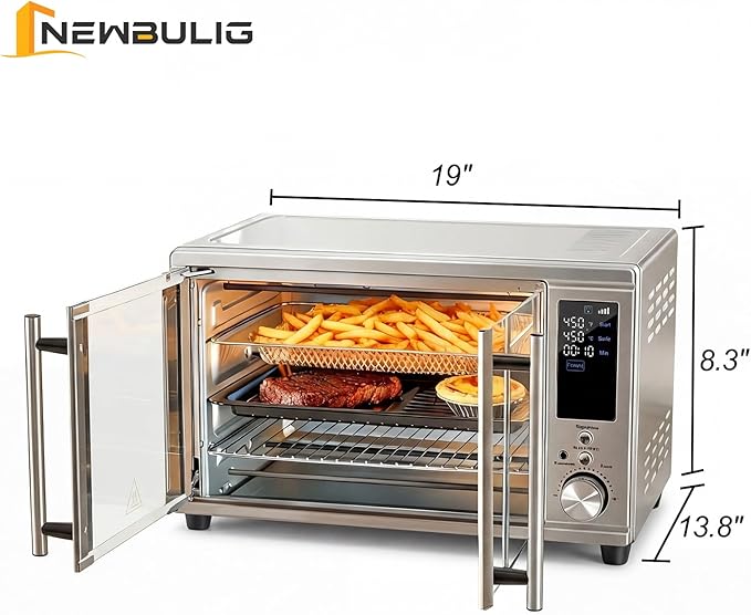 NEWBULIG 30QT Smart Air Fryer Toaster Oven Combo, 13-in-1 Double-Door Airfryer Oven, 0-450°F Temperature Control, 0-250°F Probe Control, Rotisserie & Mesh Basket, Professional Home Cooking