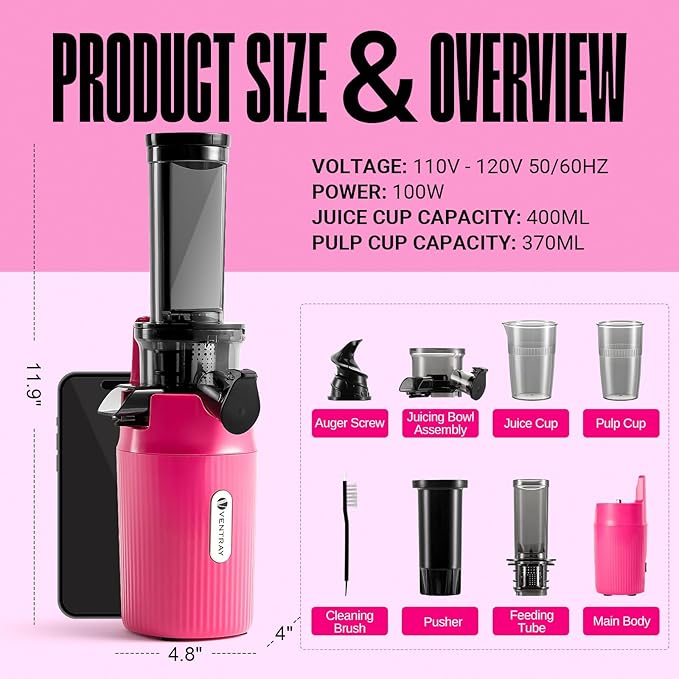 Ventray Ginnie Mini Cold Press Juicer, Small Slow Masticating Juicer for Vegetables and Fruits, High Juice Yield, Easy to Clean, Space-Saving, Fit for Personal/Travel/Picnic/Office - Pink
