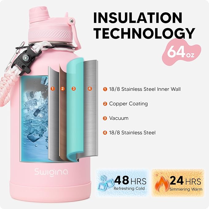 Swigina [2-IN-1 LID] 64 oz Insulated Water Bottle with Silicone Boot (48hrs Cold/24hrs Hot) - DIY Stickers, Leakproof, BPA Free, Half Gallon