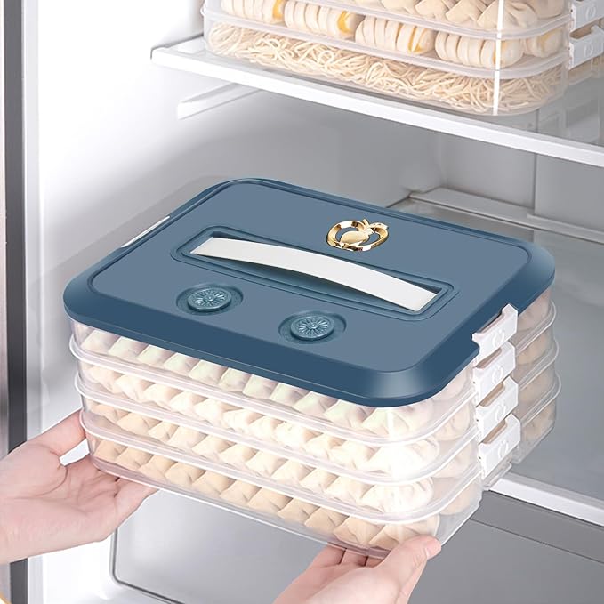Food Storage Containers with Lids, Plastic Cookie Storage Containers Airtight, 4-Layer Stackable Food Containers Dumpling Storage Box, Blue