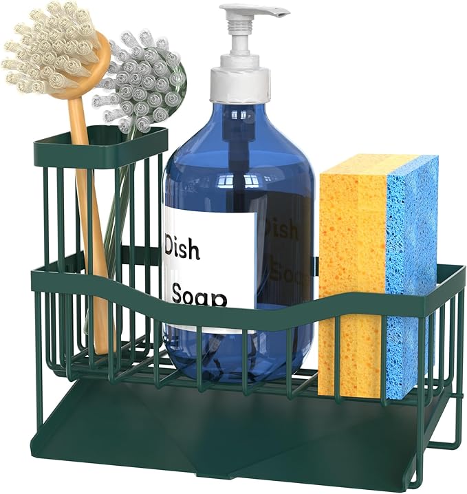 Maifan Sink Caddy Sponge Holder for Kitchen with Brush Holder and Stainless Steel Self Drain Tray, Rustproof Kitchen Sink Organizer for Sponge, Soap Dispenser Storage Accessories Dark Green