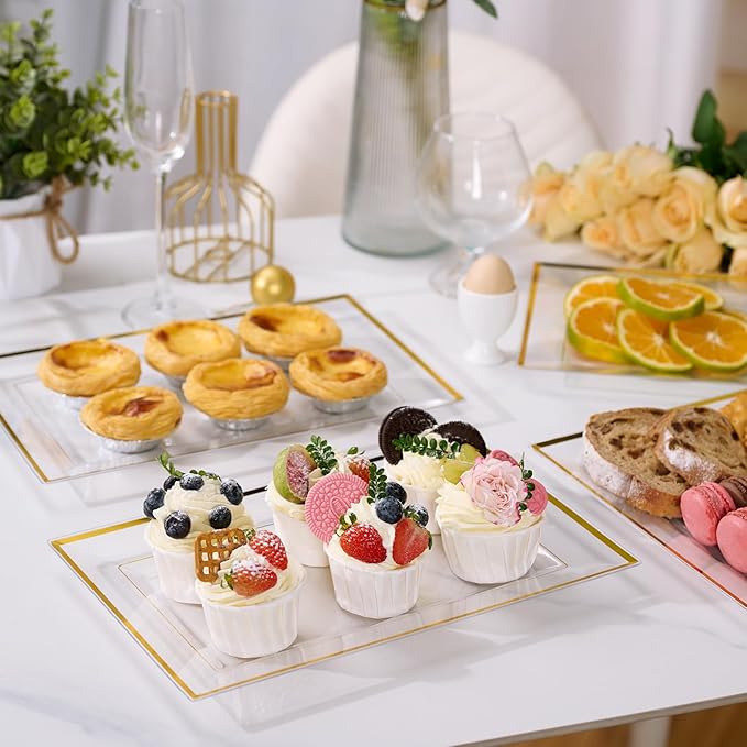 FOCUSLINE 8 PCS Plastic Serving Trays for Party, Clear and Gold Rim Serving Platters and Trays, Premium Plastic Fruit Tray, Disposable Platters for Cupcake, Dessert, Appetizers