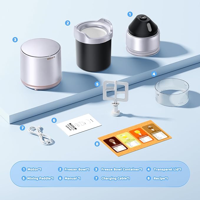 BRIOBITE Ice Cream Maker,Rechargeable Soft Ice Cream Machine with Low Noise,Compact for 1-2 Servings,Perfect for Sorbet,Gelato,Frozen Yogurt,Silver