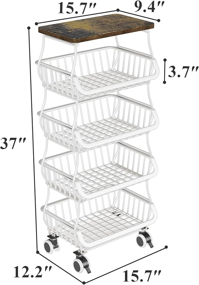 SAYZH Fruit Basket Kitchen Pantry Organizers and Storage - Wooden Top Table, Stackable Metal Wire Basket Stand Cart for Fruit Vegetable Snacks Onion Potato Organization (White, 5 Tiers)