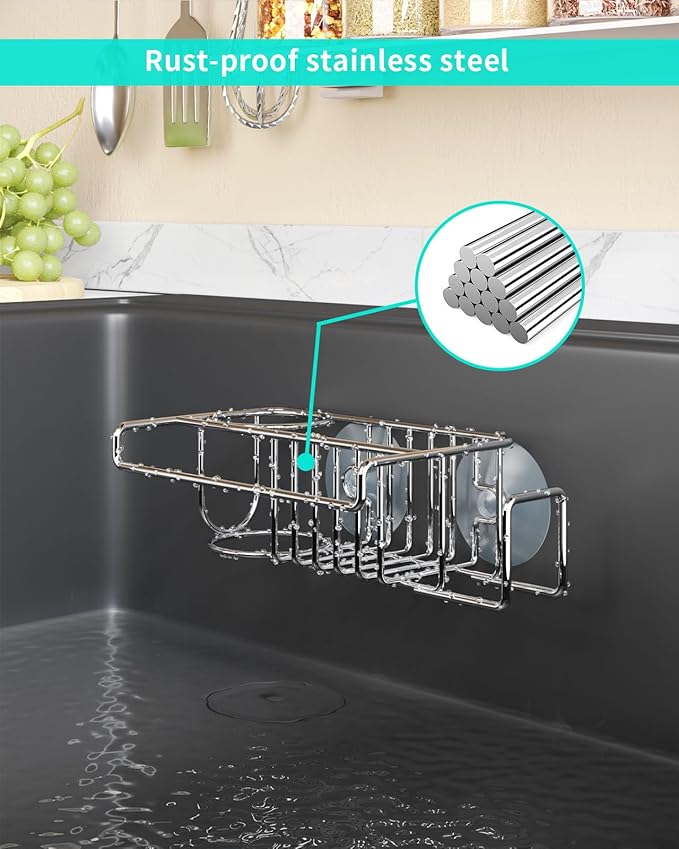 HapiRm Sink Caddy Sponge Holder - No Drill Sponge Caddy for Kitchen, Rustproof and Waterproof Kitchen Sink Organizer - Silver（2-Pack）