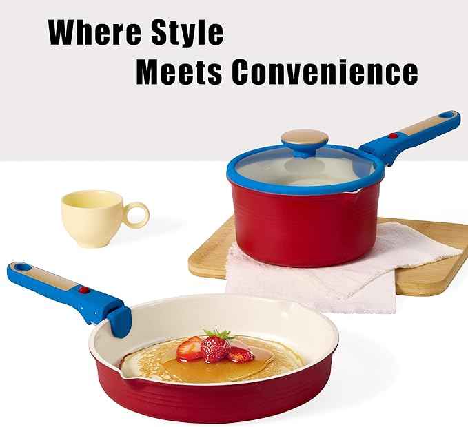 CAROTE 5Pcs Titanium Cookware Set, Pots and Pans Set Non Stick, Kitchen Cooking Set with Detachable Handle, Non Toxic Induction Cookware, Dishwasher/Oven Safe，Memphis Design