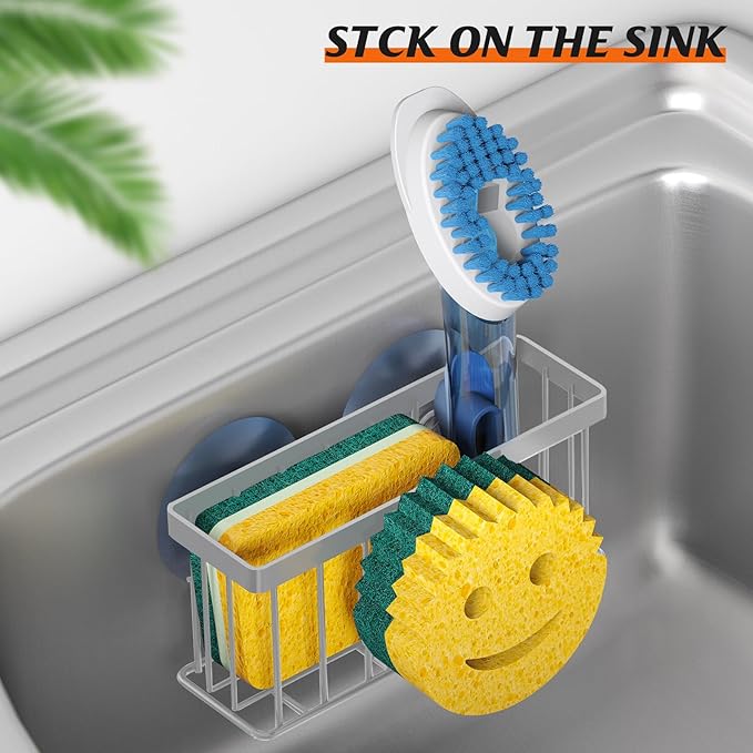 Sponge Holder Smiley Face,Sink Caddy,Kitchen Organizer with 2 Suction Cups/1 Adhesive Strips,Designed for Sponge,Soap,Dish Brush,Scrubber - Gray