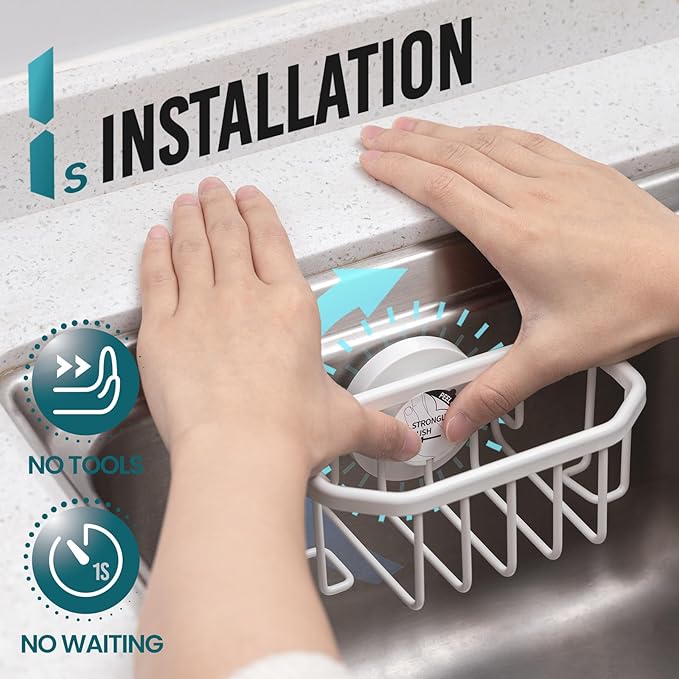 TAILI Sponge Holder for Kitchen Sink with Strong Suction Cup Removable, Rustproof Aluminum Sink Caddy for Sponge, Brush, Scrubber, Scraper White