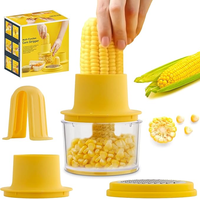 Corn Stripper and Peeler Tool with Bowl, Quick & Safe Corn Kernel Cutter for Shucking Corn on Cob, Comes with Non-Slip Safety Handle (Yellow)