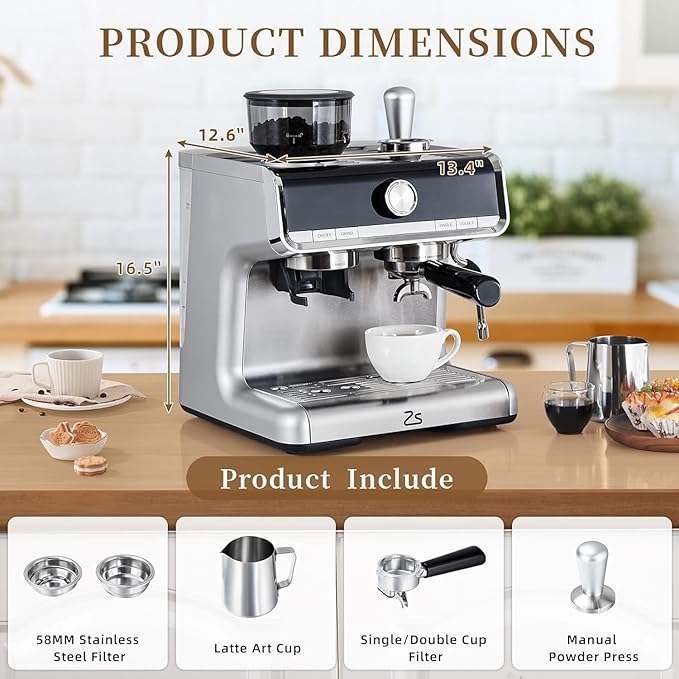 GarveeHome Espresso Machine With Grinder, 20 Bar Semi-Automatic Espresso Coffee Maker With Milk Frother Steamer Wand Cappuccino Latte Macchiato, 95 oz Water Tank, Pid Temperature Control-Silver2
