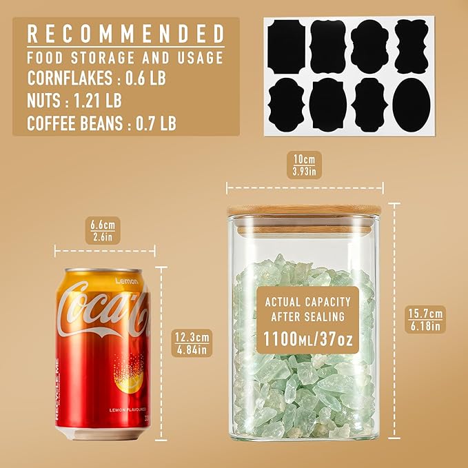 D2scrma 37oz Airtight Glass Square Storage Canister with Bamboo Lid Set of 4 (1100ml) Container Stackable Jar, Kitchen Canister for Pantry Noodles, Flour and Coffee beans (‎with Black Lable)