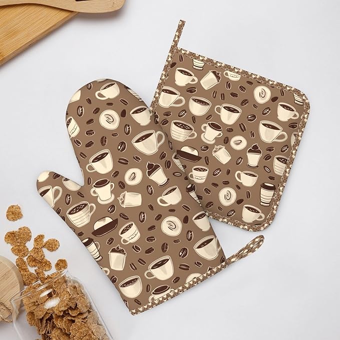 Oven Mitts and Pot Holders Set, Coffee Pattern Bean Silicone Kitchen Accessories 4 Piece Heat Resistant Long Gloves Potholder Non-Slip Grip for Chef Cooking Baking Grilling BBQ