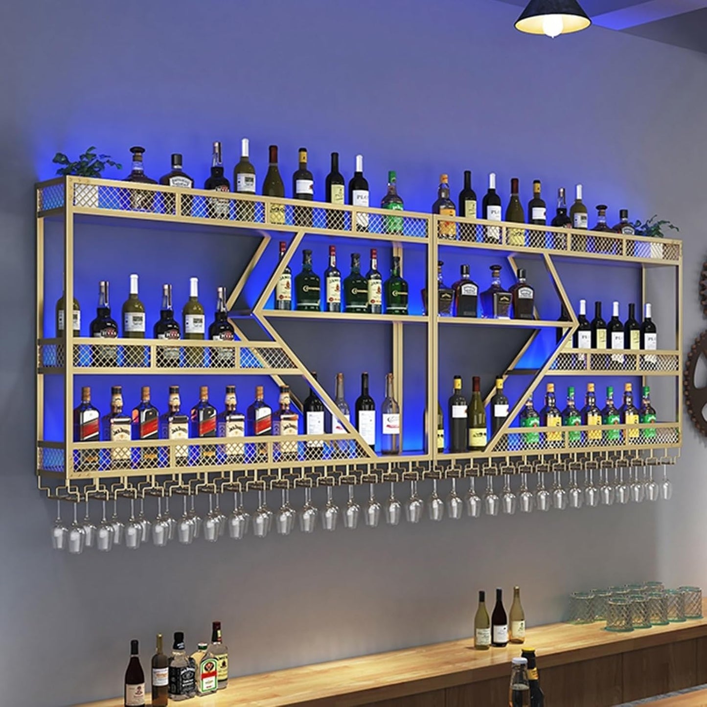 63in Metal Wine Rack Wall Mounted, Modern Wine Storage Rack Wall Mounted with Wine Glass Holder, Liquor Shelf, Bar Shelves for Liquor Bottles (3TIERS Gold, 63 * 7.87 * 33.85INCH)