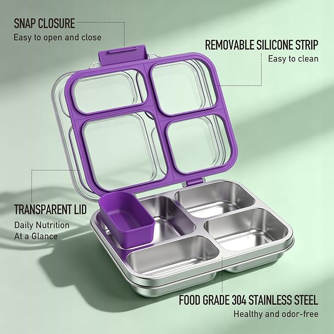 Stainless Steel Bento Box for Kids with Silicone Container, 4 Compartment Metal Lunch Box Kids Adults, Removable Silicone Seal & Clear Lid, Leak Proof Food Storage Container for Meal (Purple)