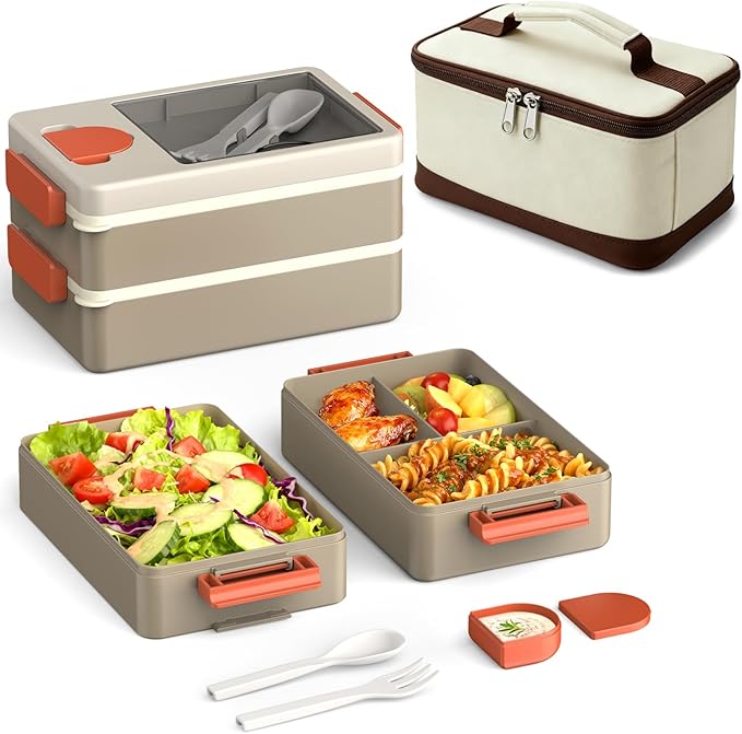 Sitlais Adult Lunch Box – Bento Box & Lunch Containers for Adults, Stackable, Leakproof, Microwave Safe, Portable Lunchbox for Work, Travel, Meal Prep, Durable & Easy to Carry (Khaki)
