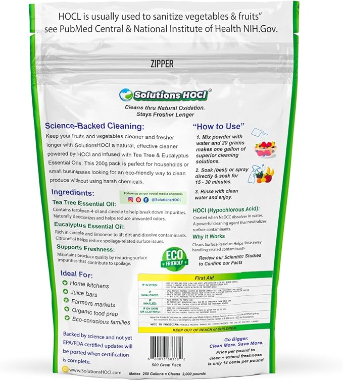 Solutions HOCL - Vegetable and Fruit Cleaner - 500Grams Pack