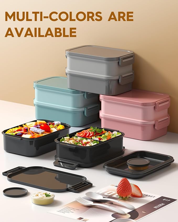 KEMETHY Adults Bento Lunch Box Set with Thermo Bag, 74oz Stackable Leak-proof 3-tiers Bento Box, Built-in Utensil and Sauce Container for Work, School, Dining Out (Black)