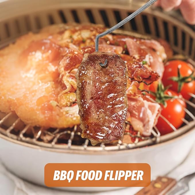 BBQ Turner Hooks, Meat Hook Flipper, Iron BBQF Turner Hooks, Flips Cooking Hooks, BBQ Food Flipper, for Grilling Smoking Frying, Long Handle Meat Hooks (Type A)