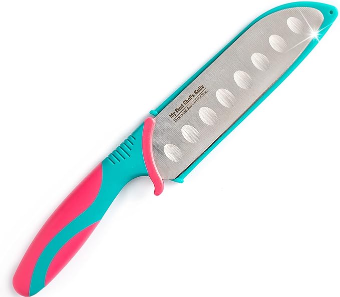 My First Chef's Knife for Kids - NEW! CARNATION/TEAL - w/Protective Safety Sheath - German Stainless Steel - Curved Finger Shield/Childrens Cooking Baking