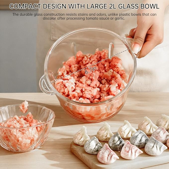 Electric Food Processor and Vegetable Chopper, 2L Glass Bowl Small Food Mixer for Meat, Vegetables, Nuts, with 2-Speed & Pulse Control for Easy Clean, Compact Kitchen Gadget