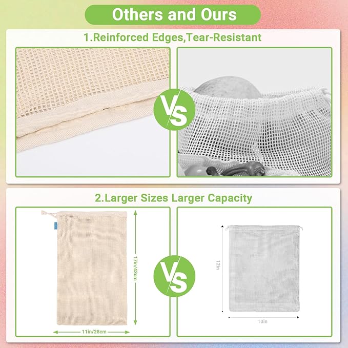 Pack of 3 Reusable Produce Bags Washable, 11x17 Inch Large Reusable Grocery Bags Heavy Duty Cotton Bag Produce Storage, Enhanced Closure Edge, Double Stitched, with Tare Weight