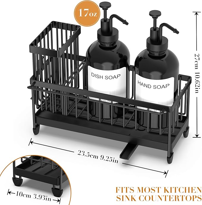 Kitchen Soap Dispenser Set with Sponge Holder and Towel Rack, 17OZ Glass Bottle, Hand and Dish Soap Dispenser Set, Non-Slip Silicone Pad, Brush Holder, Kitchen Sink Caddy Organizer Countertop (Black)