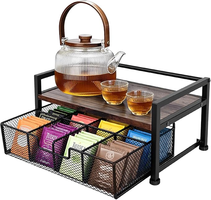 Tea Bag Organizer, Wooden Tea Storage Box with Metal Drawer, 8-Compartment Tea Bag Holder, Tea Station Display Case for Countertop Kitchen, Office, Pantry